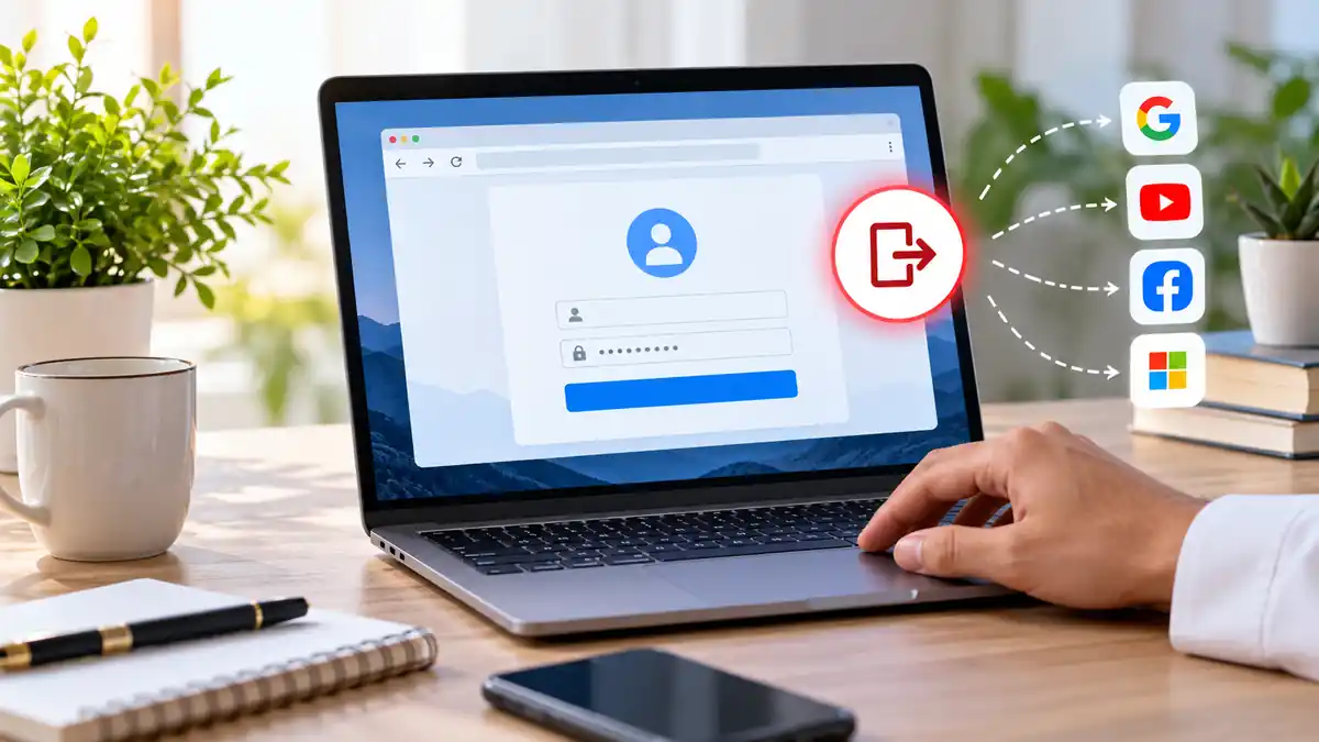 حاسوب محمول يعرض صفحة تسجيل دخول مع رمز خروج واتصال بخدمات متعددة، في مشهد يوضح مشكلة تسجيل الخروج من المتصفح.
