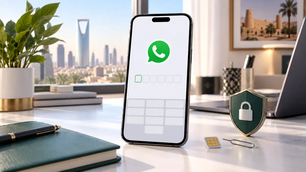 هاتف يعرض شاشة تحقق واتساب بجوار شريحة اتصال ورمز أمان على مكتب حديث، لتوضيح مشكلة تسجيل رقم واتساب من جديد.