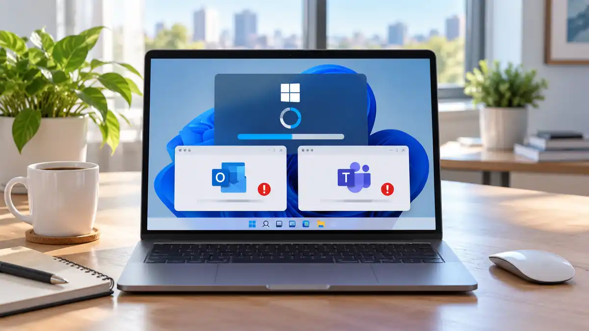 حاسوب يعرض Outlook وTeams مع تنبيهات بعد تحديث ويندوز في مكتب مشرق يوضح مشكلة توقف التطبيقات عن العمل