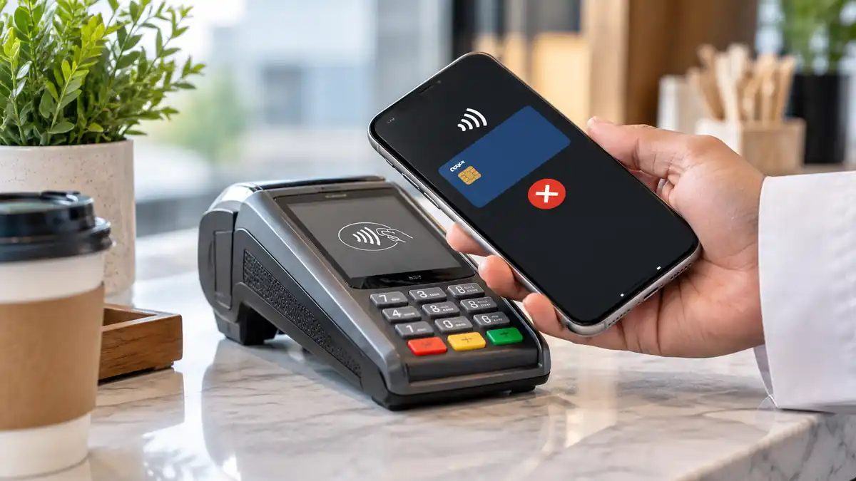 هاتف ذكي قريب من جهاز دفع إلكتروني يعرض محاولة دفع فاشلة، في مشهد يوضح تعطل NFC والدفع اللاتلامسي.