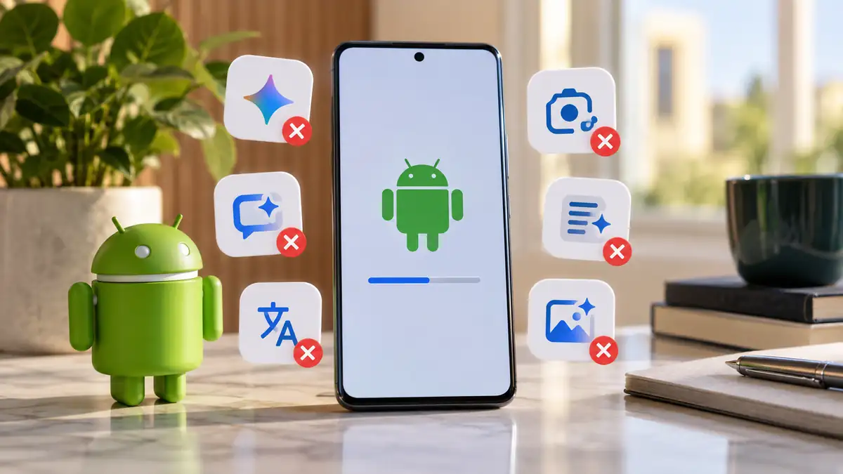 هاتف أندرويد على مكتب حديث بعد التحديث تحيط به أدوات ذكية متوقفة في مشهد يوضح تعطل ميزات الذكاء الاصطناعي