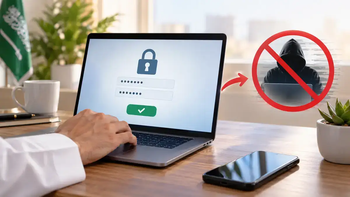 حاسوب يعرض تغيير كلمة المرور مع رمز قفل ومنع وصول مخترق، لتوضيح حماية الحساب بعد تغيير كلمة المرور.