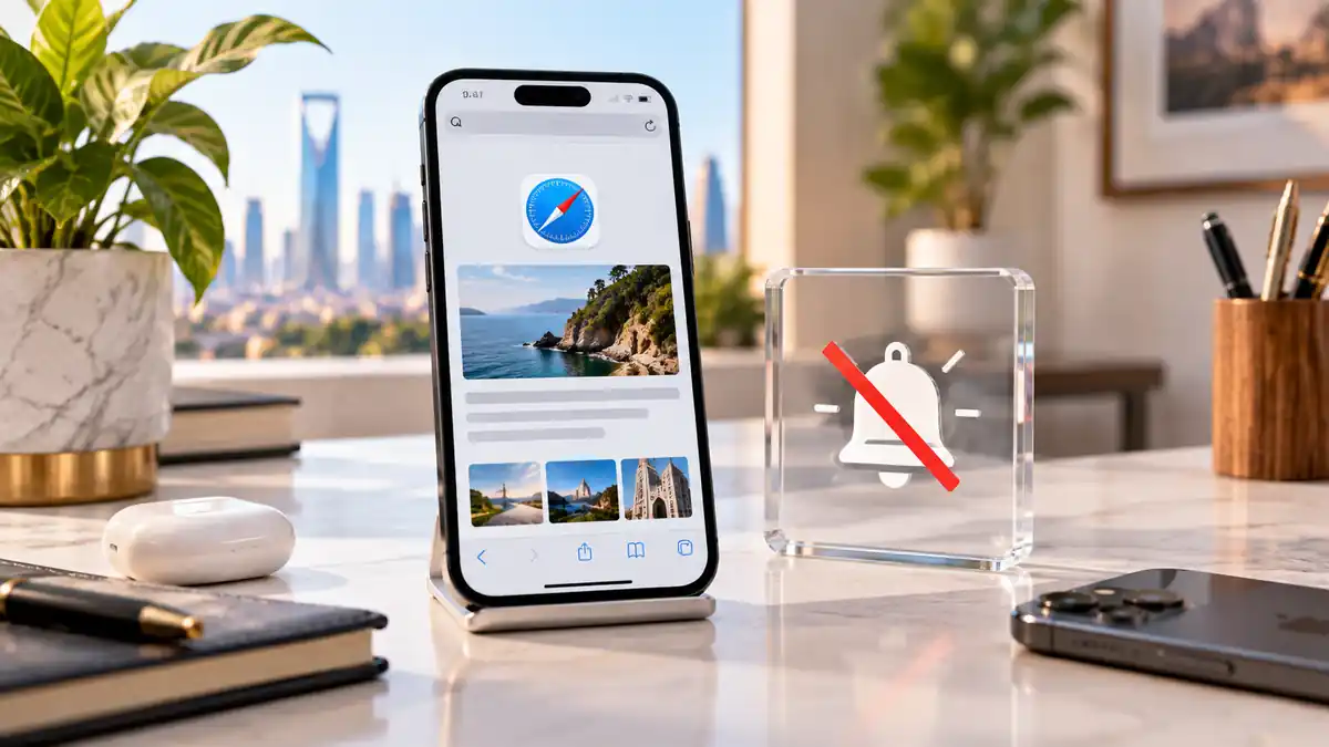 هاتف iPhone يعرض Safari بجوار رمز جرس محظور على مكتب مشرق، في مشهد يوضح مشكلة تنبيهات Notify Me في Safari.