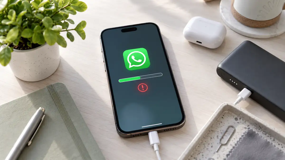 هاتف على مكتب مضاء يعرض واتساب مع شريط تحديث متوقف وتنبيه خطأ يوضح مشكلة تحديث التطبيق.