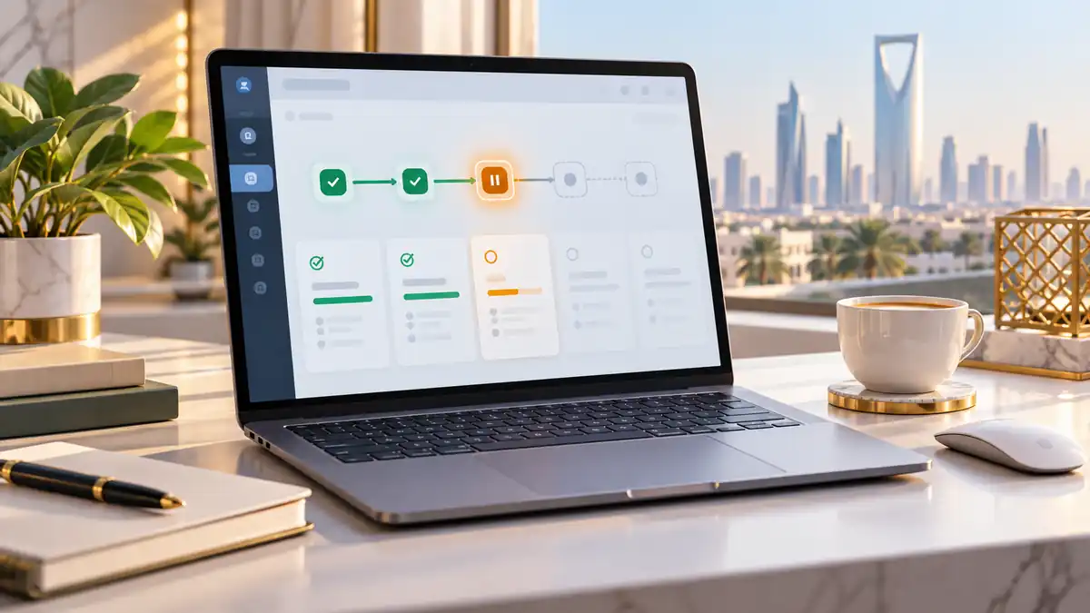 حاسوب محمول يعرض سير عمل متوقفًا عند خطوة معلقة داخل مكتب مشرق، بما يوضح توقف وكيل الذكاء الاصطناعي أثناء المهمة