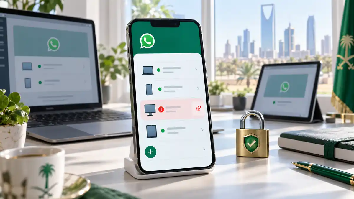 هاتف يعرض قائمة الأجهزة المرتبطة بواتساب مع جهاز مجهول مميز بتحذير أمني بجانب حاسوب وقفل للحماية