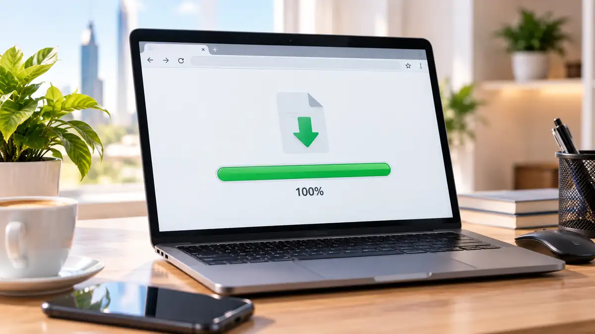 حاسوب محمول يعرض شريط تنزيل مكتمل داخل المتصفح على مكتب مشرق، لتوضيح مشكلة توقف التنزيل عند 100%