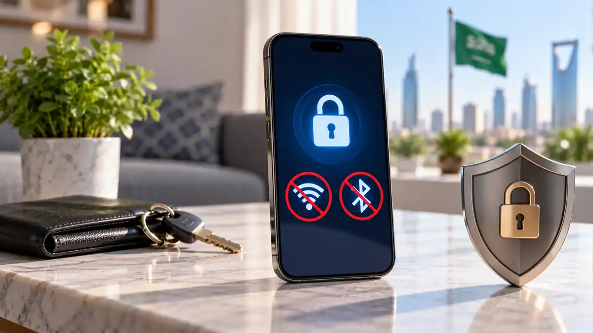 هاتف مقفل على مكتب مضيء بجوار درع أمان مع رمزي Wi-Fi والبلوتوث لتعزيز حماية الهاتف المفقود