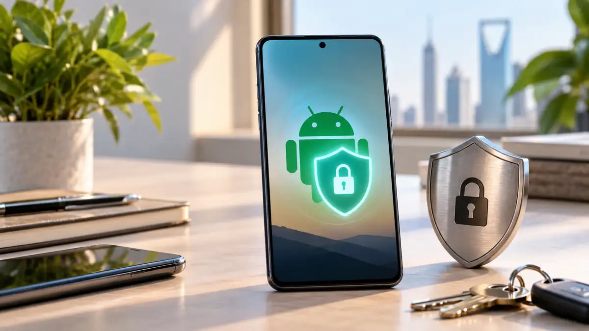 هاتف Android على مكتب مشرق تظهر على شاشته دروع وقفل أمني بجوار رمز حماية معدني، في مشهد يوضح حماية السرقة.