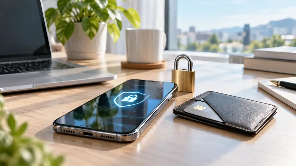 هاتف ذكي بجوار محفظة وبطاقة دفع وقفل معدني على مكتب مشرق، في مشهد يرمز إلى حماية المحفظة الرقمية.