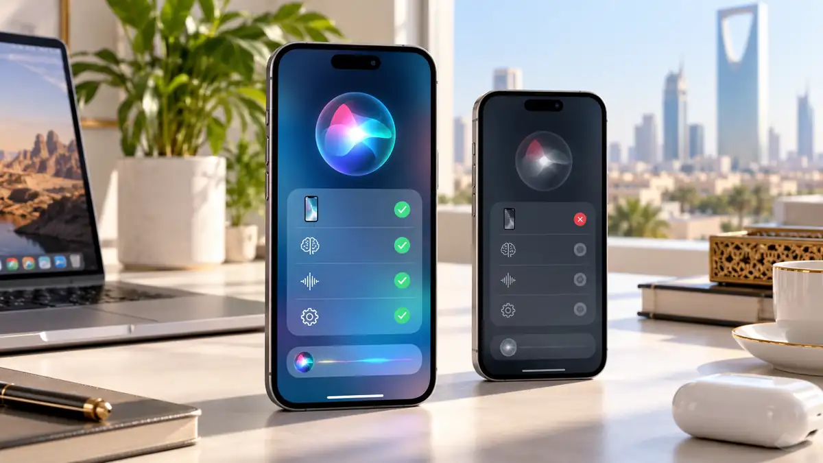 هاتفان iPhone على مكتب مشرق، أحدهما يعرض واجهة Siri المتقدمة والآخر دعما محدودا، لتوضيح توافق Siri AI.