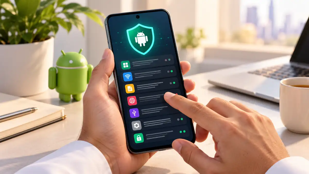 هاتف Android يعرض شاشة أمان وسجل نشاط شبكي على مكتب مشرق، في مشهد يوضح مفهوم سجل الاختراق في Android