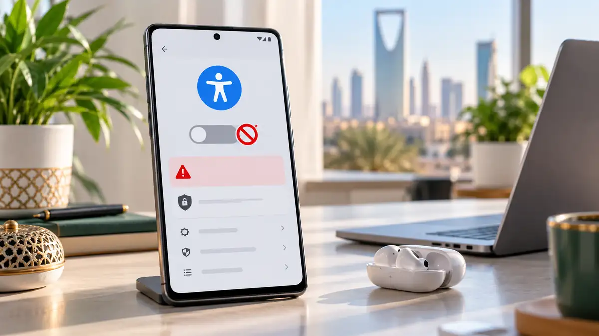 هاتف Android على مكتب يعرض إعداد إمكانية الوصول مع زر معطّل وتنبيه أمني بعد التحديث، في مشهد تقني مشرق