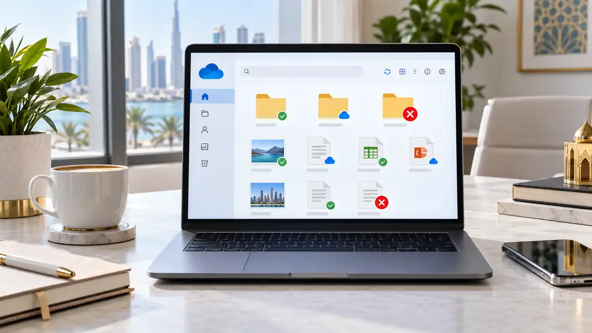 حاسوب على مكتب مشرق يعرض ملفات OneDrive مع علامات خضراء وX حمراء توضح مشكلة مزامنة الملفات