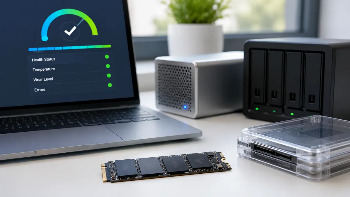 حاسوب يعرض مؤشرات صحة التخزين وبجواره قرص NVMe ووحدة تخزين خارجية لتوضيح فحص صحة SSD قبل فقدان البيانات