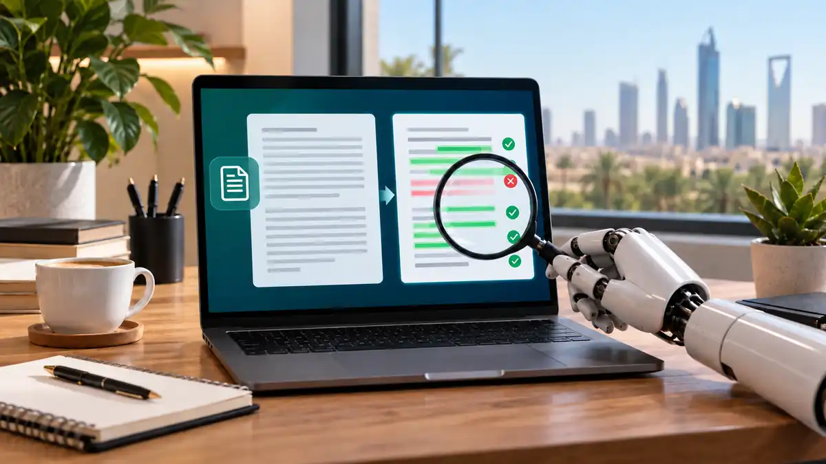 حاسوب محمول يعرض مسودة وإجابة مدققة مع علامات تحقق وعدسة فحص، في مشهد يرمز إلى مراجعة إجابة الذكاء الاصطناعي.