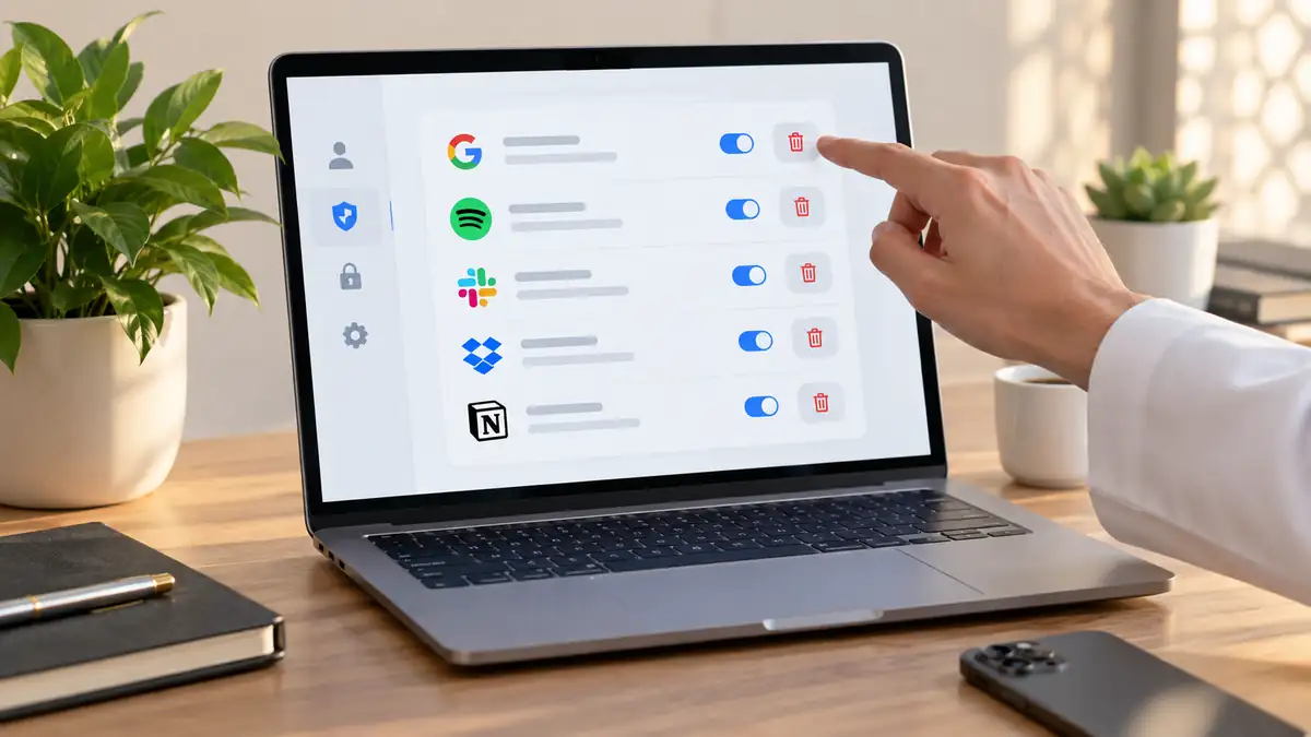 حاسوب محمول يعرض قائمة تطبيقات مرتبطة مع خيارات لإلغاء الوصول، لتوضيح مراجعة صلاحيات التطبيقات في الحساب.