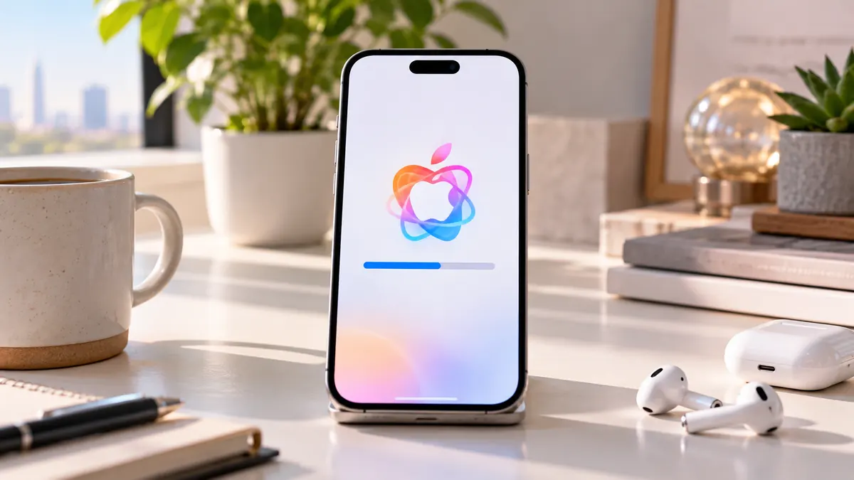 هاتف آيفون على مكتب مشرق يعرض مؤشر تنزيل عالق لميزات Apple Intelligence أثناء التهيئة
