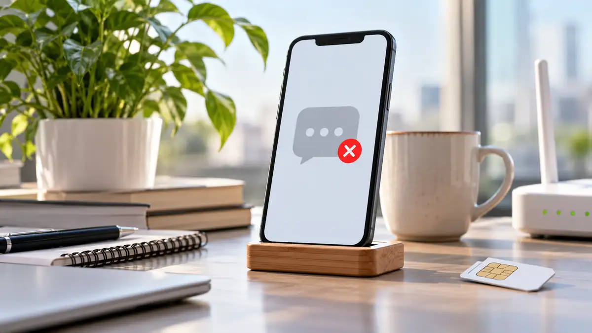هاتف ذكي على مكتب بجوار شريحة اتصال وراوتر مع إشارة تعذر وصول الرسالة، لتوضيح مشكلة رمز التحقق OTP