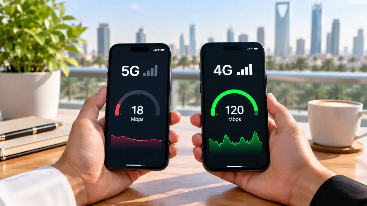 هاتفان يعرضان مقارنة سرعة 5G و4G مع تفوق واضح لشبكة 4G في مشهد مشرق يوضح اختلاف أداء الشبكات.