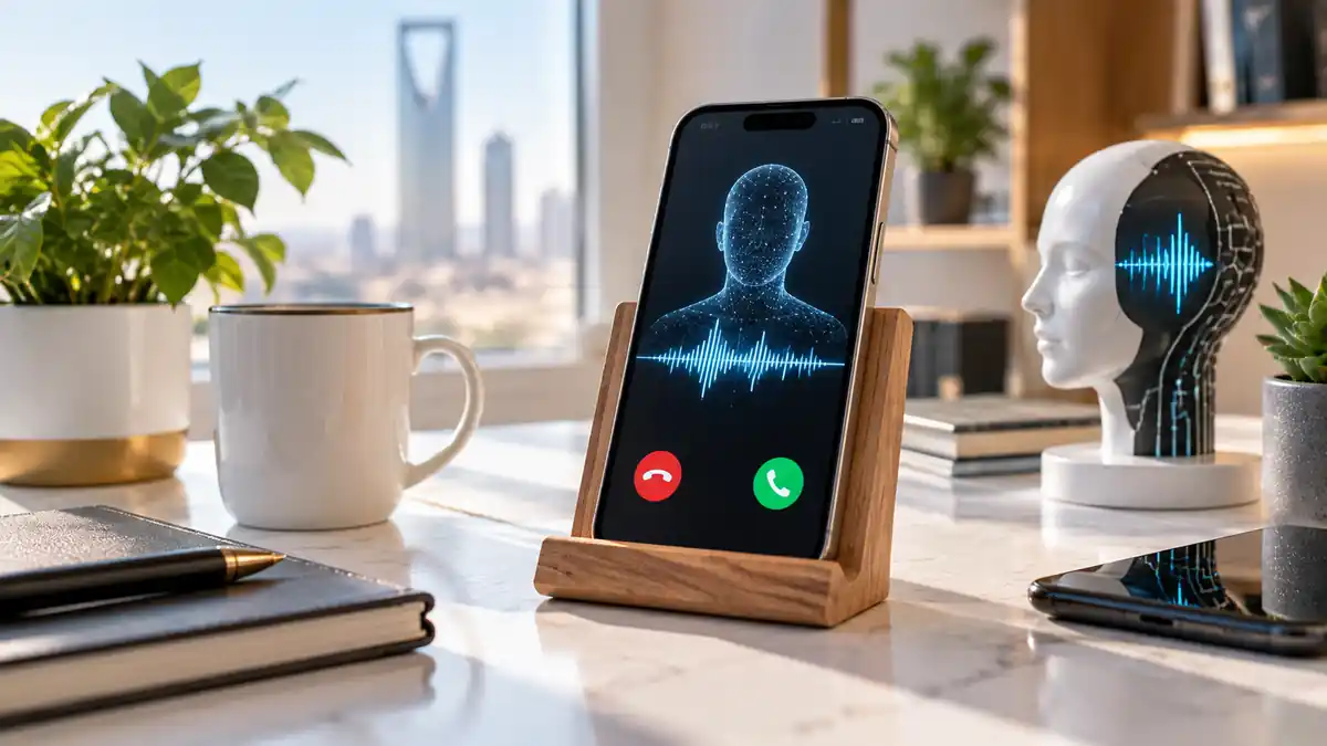 هاتف يعرض مكالمة مجهولة مع موجات صوت رقمية داخل مكتب حديث، لتجسيد خطر مكالمة احتيالية بصوت مولد بالذكاء الاصطناعي