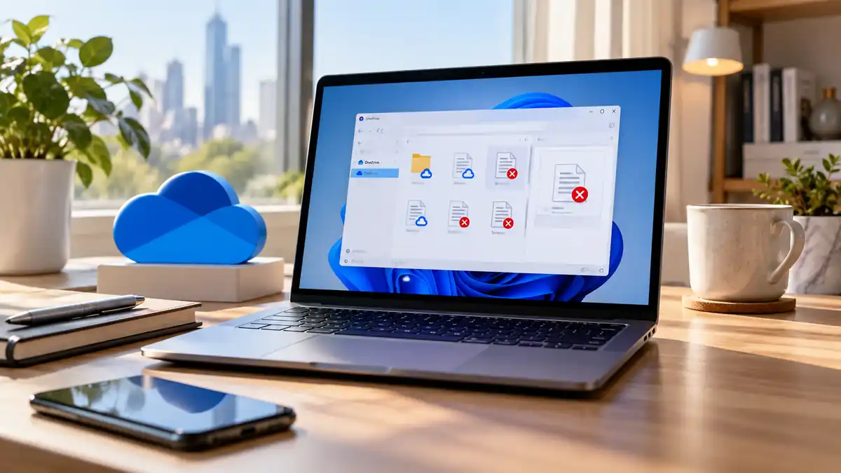 حاسوب محمول يعرض ملفات سحابية غير متاحة محليًا داخل مكتب مشرق، في مشهد يوضح مشكلة OneDrive دون إنترنت