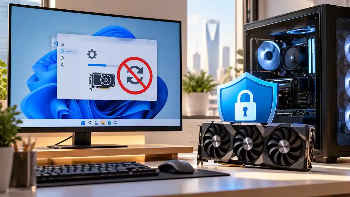 مكتب تقني مشرق يظهر شاشة ويندوز وبطاقة رسومية مع رمز حماية، لتجسيد منع استبدال تعريف كرت الشاشة تلقائيًا.