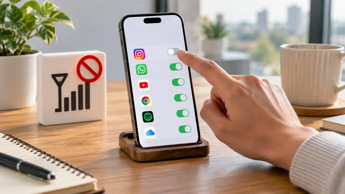 هاتف على مكتب مضيء يعرض مفاتيح اتصال التطبيقات مع إيقاف أحدها لمنع تطبيق من استخدام بيانات الجوال