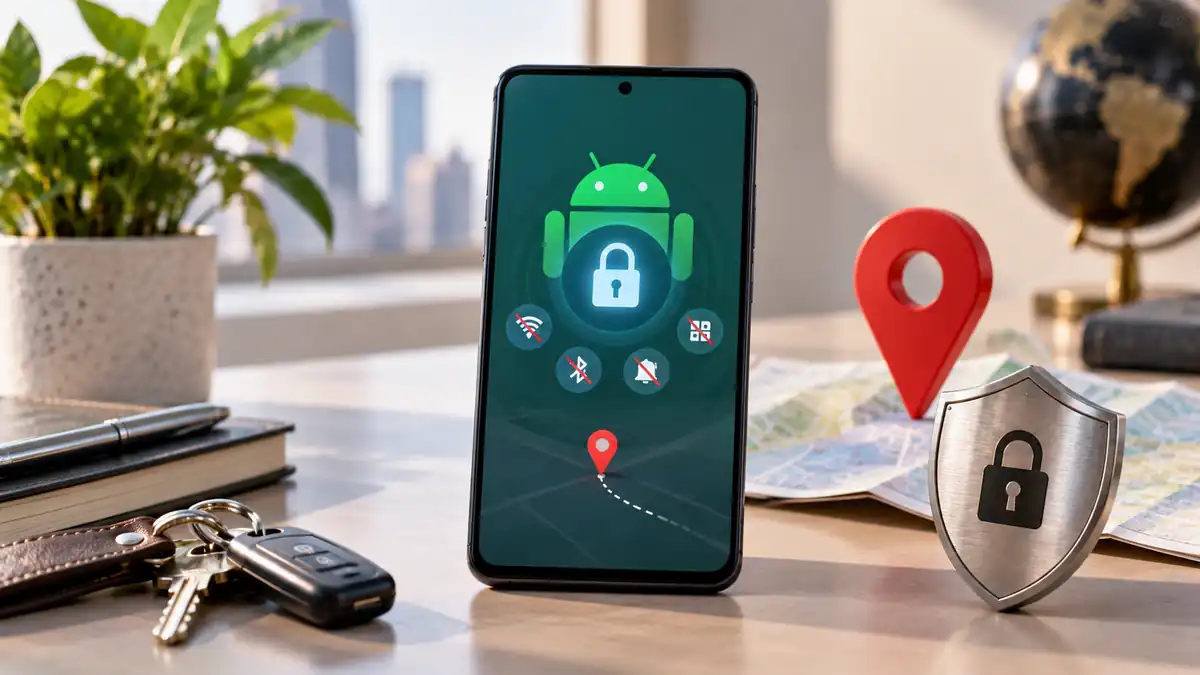 هاتف Android على مكتب مشرق يعرض قفلاً ورمز تحديد موقع بجوار درع أمني وخريطة، في مشهد يوضح وضع الفقد.