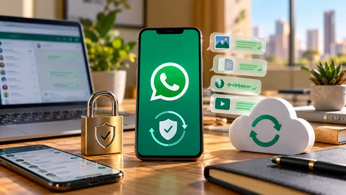 هاتف يعرض شعار واتساب على مكتب خشبي بجوار قفل ذهبي ورمز للنسخ السحابي ورسائل، في مشهد لاستعادة حساب واتساب المخترق.