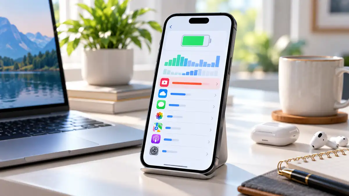 هاتف iPhone على مكتب يعرض مخطط استهلاك التطبيقات مع إبراز تطبيق مرتفع النشاط لتوضيح استهلاك البطارية في الخلفية