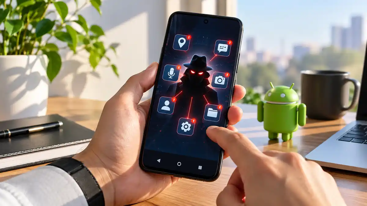 هاتف Android على مكتب مضيء يعرض مؤشرات وصول مشبوهة للكاميرا والميكروفون والموقع، في مشهد يرمز إلى برنامج تجسس.