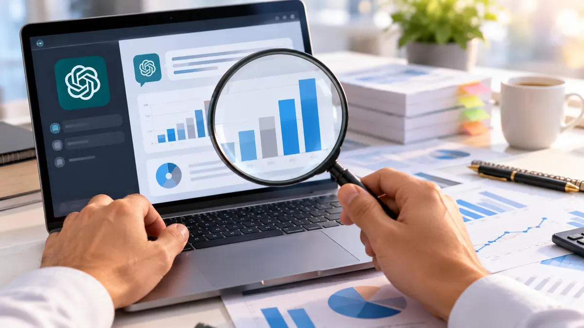 حاسوب محمول يعرض رسومًا بيانية وإحصائيات رقمية، ويدان تستخدم إحداهما عدسة مكبرة لفحص صحة إحصائيات الذكاء الاصطناعي.