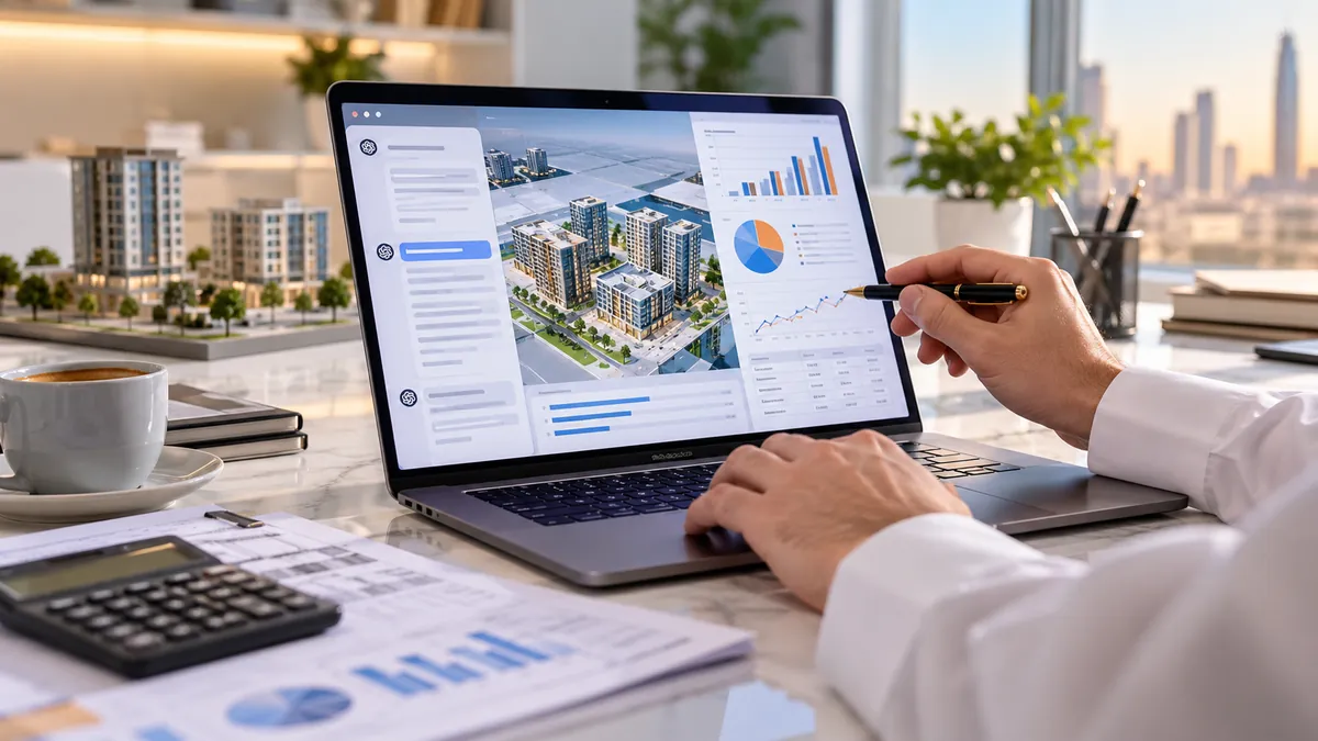 حاسوب محمول يعرض مخطط مشروع ورسومًا مالية وتحليلات رقمية توضح استخدام الذكاء الاصطناعي في دراسات الجدوى.