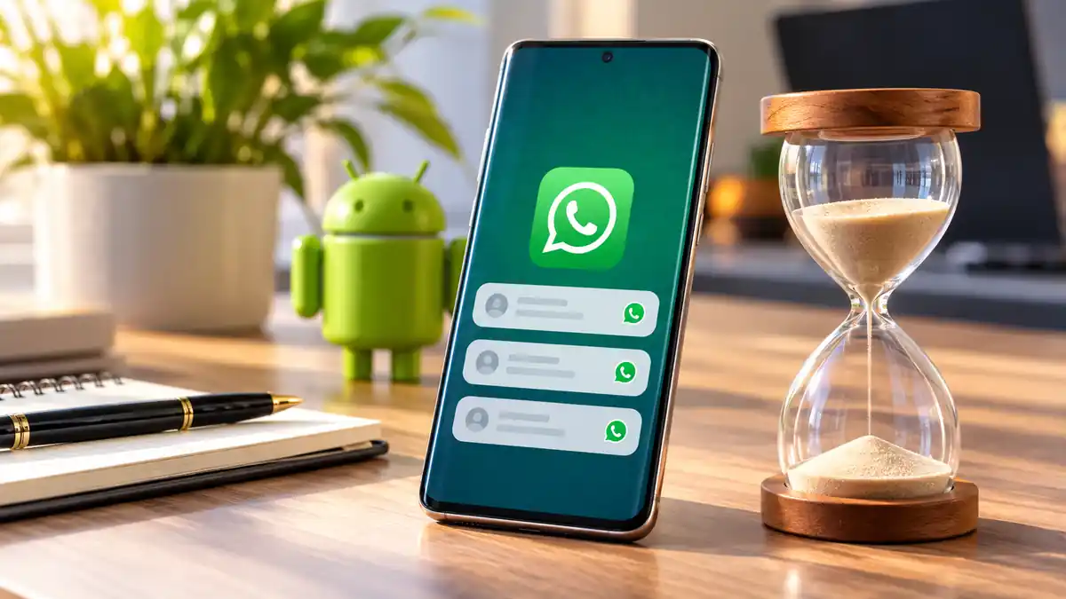 هاتف Android يعرض تنبيهات واتساب بجانب ساعة رملية على مكتب مضاء، في إشارة بصرية إلى تأخر إشعارات واتساب.
