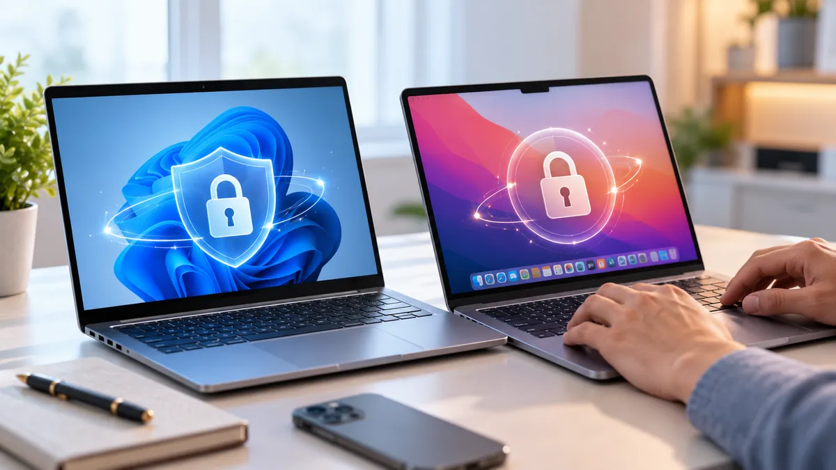 حاسوبان محمولان على مكتب مضيء، تعرض شاشتاهما أقفال حماية رقمية ترمز إلى تشفير الجهاز الكامل في Windows وmacOS.