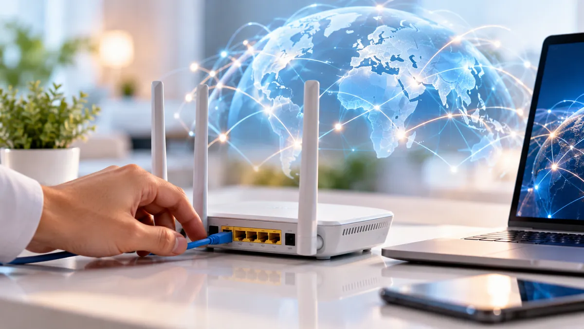 راوتر أبيض متصل بكابل أزرق بجانب حاسوب يعرض شبكة عالمية مضيئة، لتوضيح تفعيل IPv6 على الراوتر.