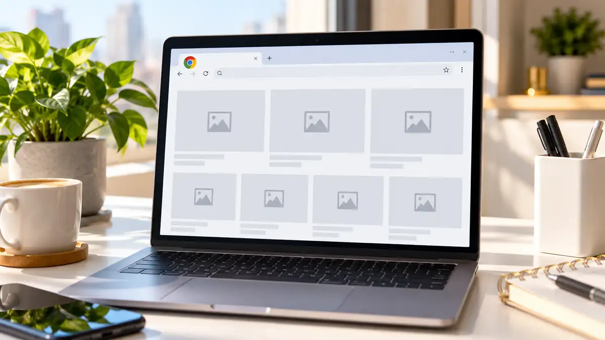 حاسوب محمول يعرض متصفح Chrome وفي الصفحة مربعات رمادية بدل الصور، على مكتب مضاء بجوار نبات وكوب قهوة.