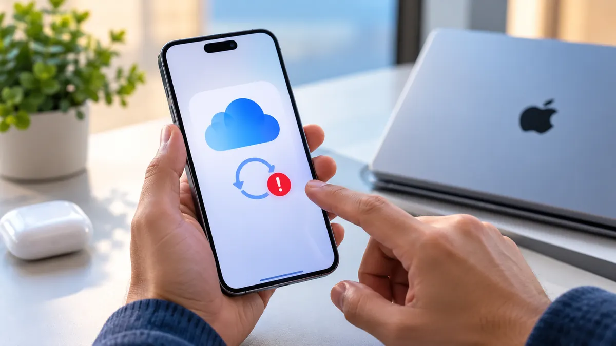 هاتف iPhone تظهر على شاشته علامة تعذر المزامنة السحابية مع يد تحاول إصلاح مشكلة تزامن iPhone مع iCloud.