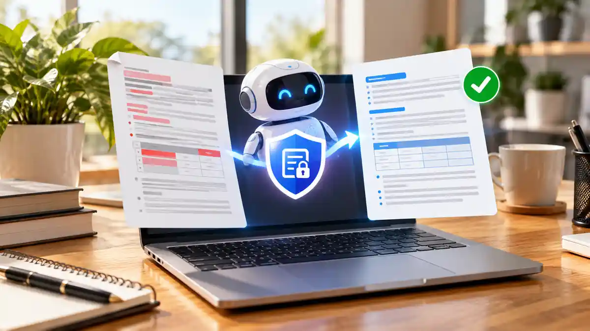حاسوب محمول يعرض مستندين قبل وبعد المعالجة مع رمز حماية، لتوضيح الحفاظ على تنسيق المستند بالذكاء الاصطناعي