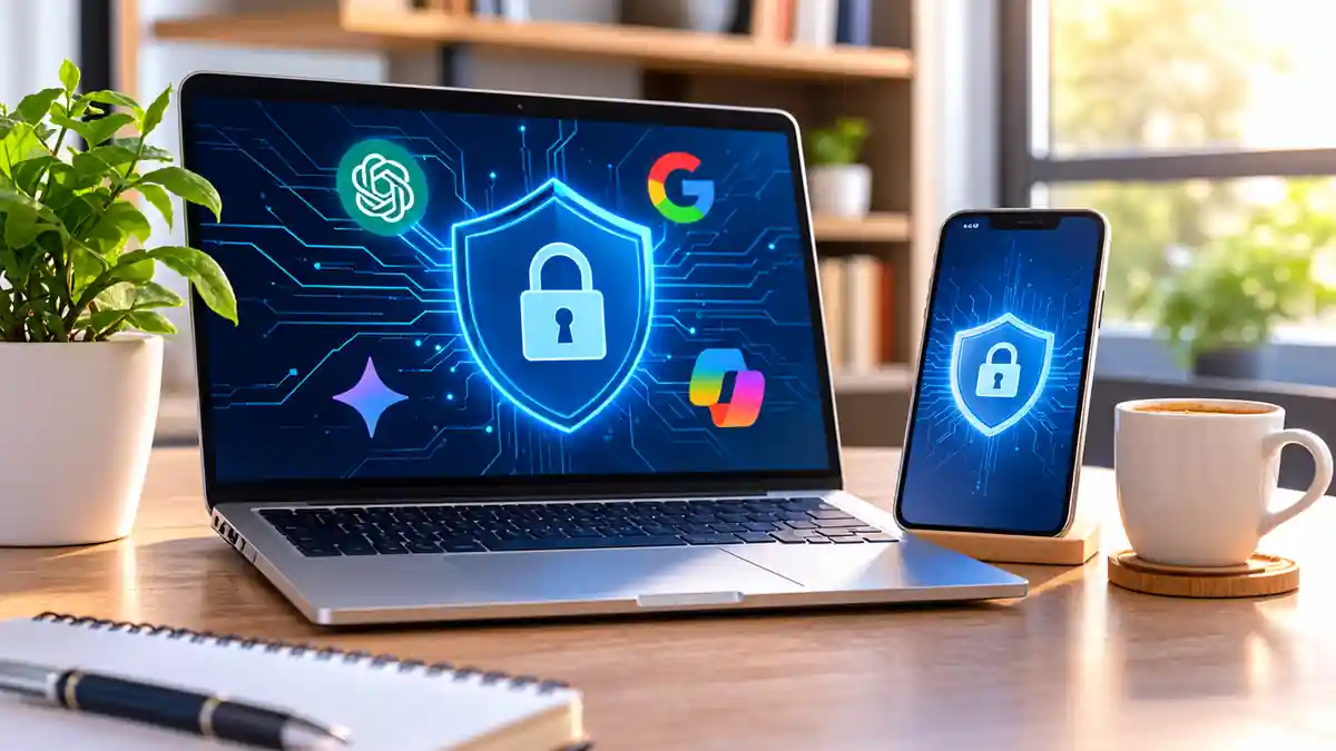 حاسوب محمول وهاتف على مكتب مضيء تظهر عليهما دروع وأقفال رقمية ترمز إلى حماية خصوصية محادثات الذكاء الاصطناعي.