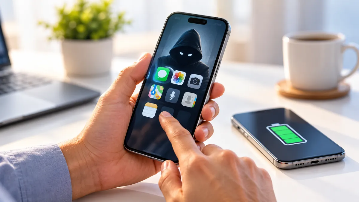 هاتف محمول تعرض شاشته تطبيقات أمام خلفية توحي بالمراقبة، وبجواره هاتف بمؤشر بطارية ممتلئ يرمز إلى تطبيق تجسس خفي