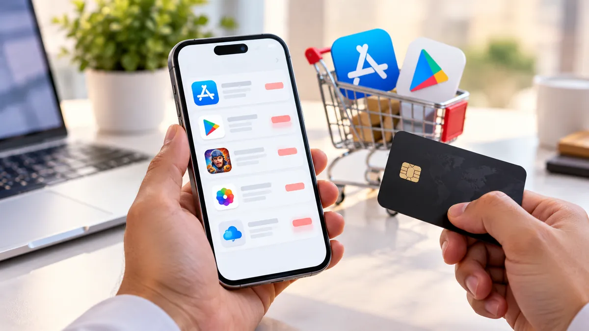هاتف يعرض مشتريات App Store وGoogle Play مع مؤشرات حمراء بجانب بطاقة دفع، لتوضيح عمليات شراء غير معروفة.