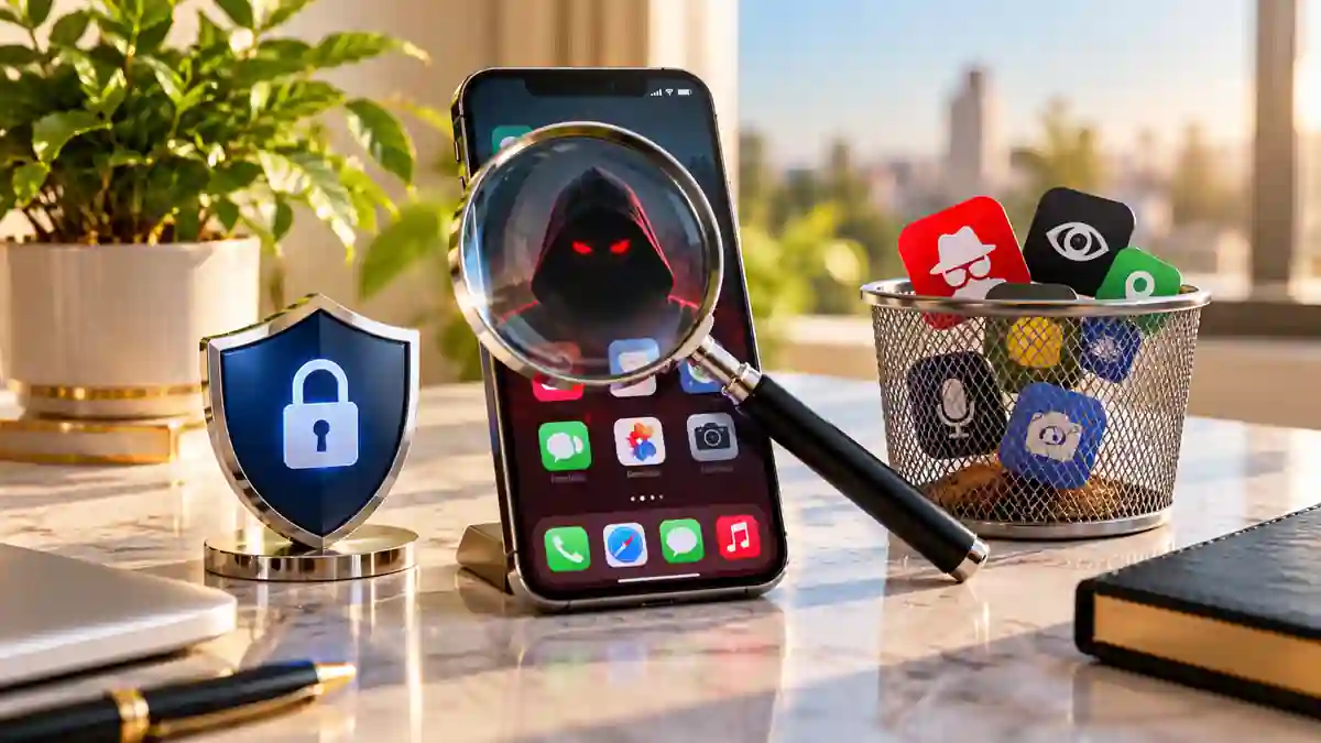 هاتف ذكي على مكتب مضيء أمامه عدسة مكبرة ودرع بقفل أمني، وبجواره سلة لتطبيقات مشبوهة ترمز إلى كشف برامج التجسس.