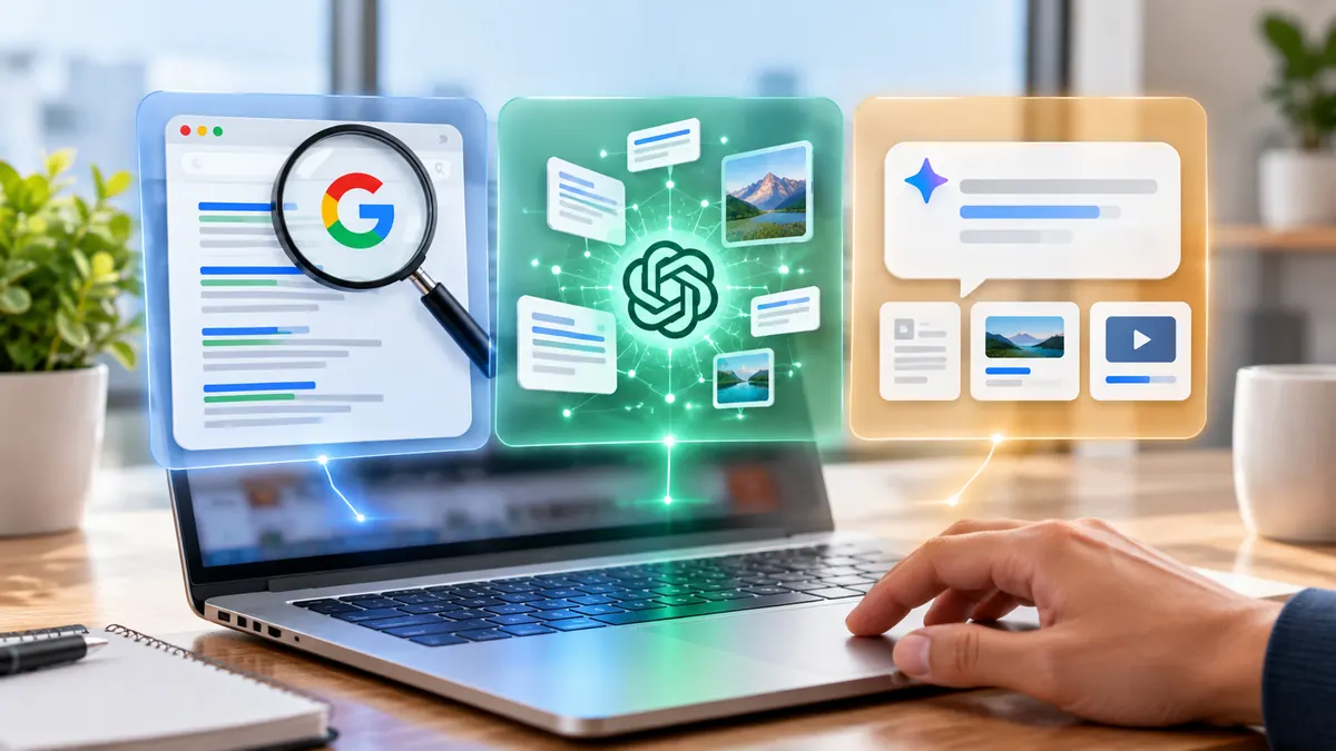 حاسوب محمول مع ثلاث واجهات تعرض بحث Google وشبكة ذكاء اصطناعي وإجابات رقمية، لتوضيح الفرق بين SEO وGEO وAEO.