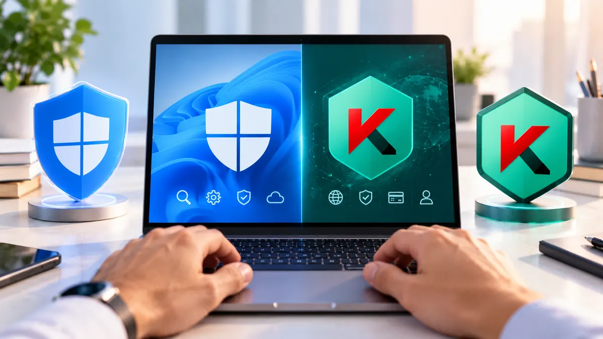 حاسوبان محمولان على مكتب مضيء، تعرض شاشتاهما أقفال حماية رقمية ترمز إلى تشفير الجهاز الكامل في Windows وmacOS.
