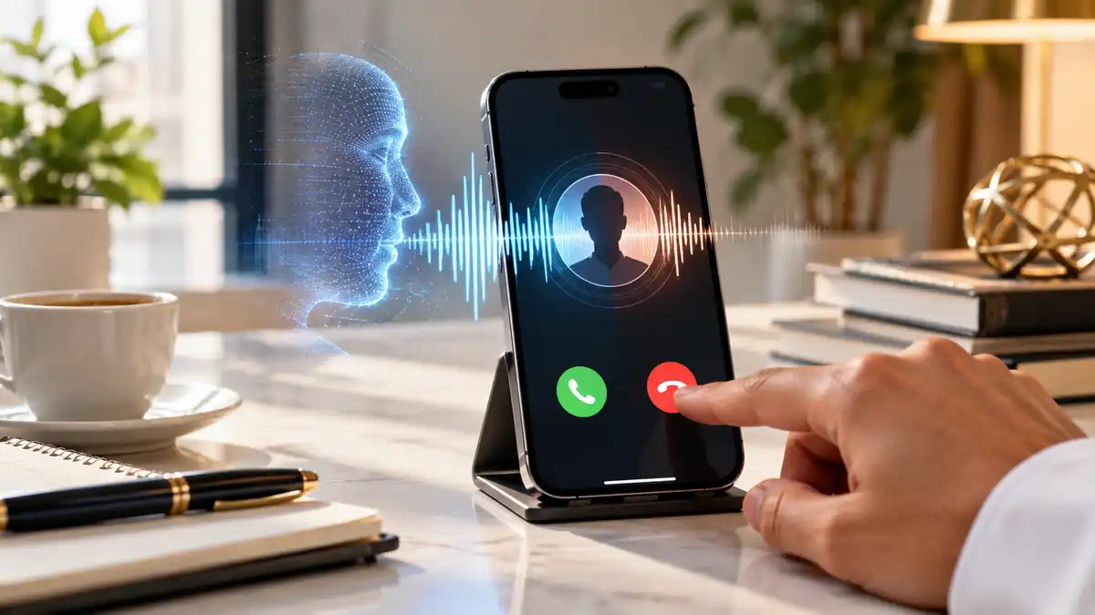 هاتف على مكتب يعرض مكالمة مشبوهة مع موجات صوت ووجه رقمي توضيحي لاكتشاف الاحتيال بصوت مستنسخ بالذكاء الاصطناعي