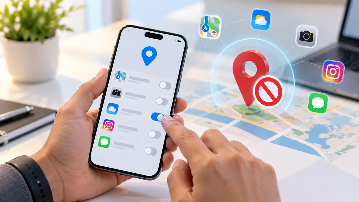 يدان تستخدمان هاتفًا يعرض أذونات الموقع للتطبيقات، وبجواره خريطة وعلامة منع تشير إلى إيقاف تتبع الموقع في الخلفية.