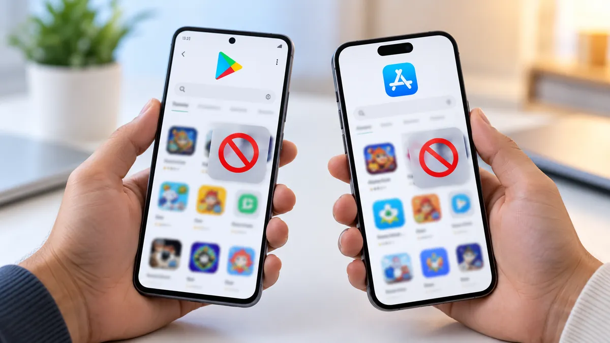 هاتفان يعرضان متجري Google Play وApp Store مع علامات حظر حمراء توضح منع ظهور تطبيق معين في متجر التطبيقات.