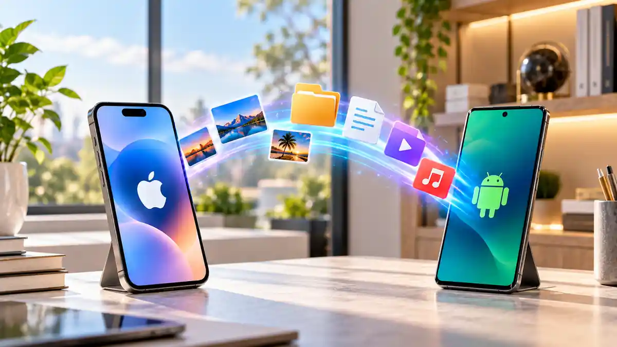 هاتف iPhone وآخر Android على مكتب حديث مع صور ومجلدات تنتقل بينهما، في مشهد يوضح نقل الملفات بين iPhone وAndroid بسرعة.